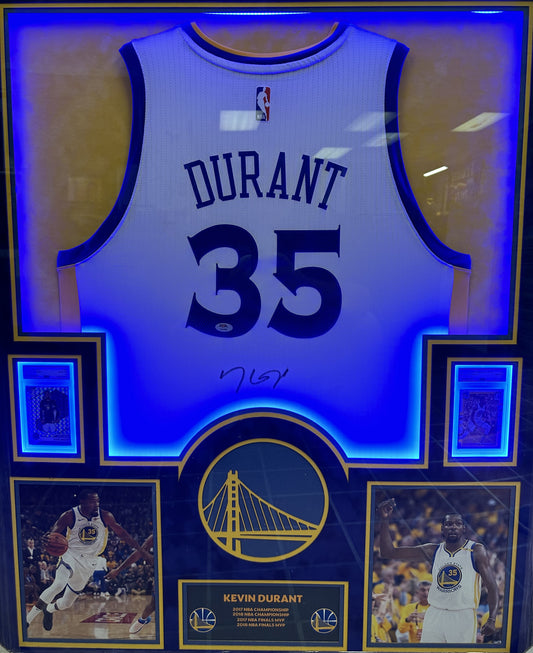 Golden State Warriors Kevin Durant Hand Signed Autographed Authentic White Jersey Framed & Double Suede Matted with LED Lights with PSA COA