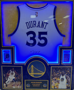 Golden State Warriors Kevin Durant Hand Signed Autographed Authentic White Jersey Framed & Double Suede Matted with LED Lights with PSA COA