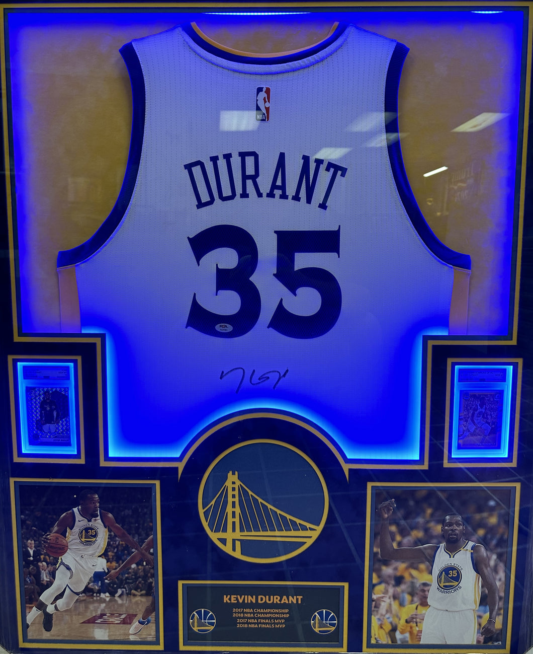 Golden State Warriors Kevin Durant Hand Signed Autographed Authentic White Jersey Framed & Double Suede Matted with LED Lights with PSA COA