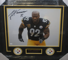 Load image into Gallery viewer, Pittsburgh Steelers James Harrison Signed 16x20 Smoke Entrance Photo Framed &amp; Matted with JSA COA