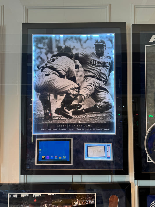 Brooklyn Dodgers Jackie Robinson Custom Framed Photo with signed Cut by Jackie Robinson LED and Video Highlights