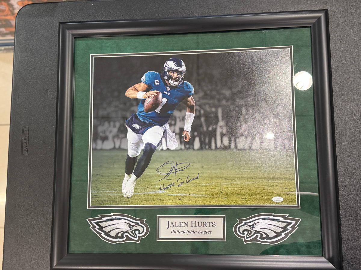 Philadelphia Eagles Jalen Hurts Hand Signed Autographed Photo Custom Framed JSA COA