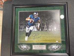 Philadelphia Eagles Jalen Hurts Hand Signed Autographed Photo Custom Framed JSA COA