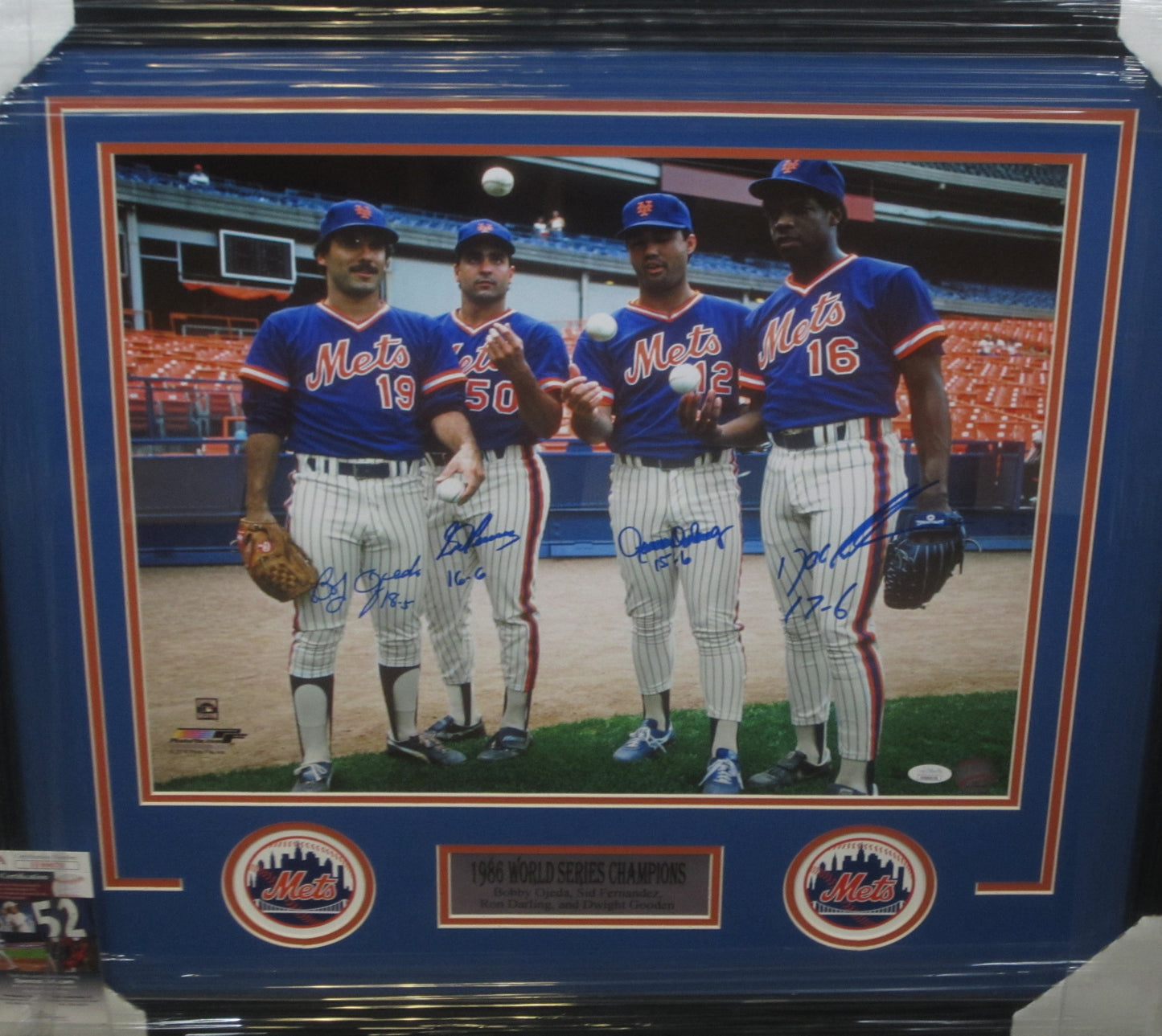 New York Mets 1986 World Series Champions Bobby Ojeda, Sid Fernandez, Ron Darling, & Dwight Gooden Quad Hand Signed Autographed 16x20 Photo with 4 Inscriptions Framed & Matted with JSA COA