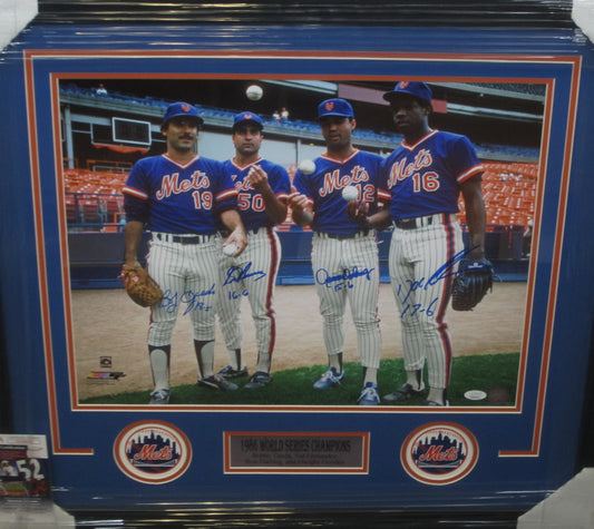 New York Mets 1986 World Series Champions Bobby Ojeda, Sid Fernandez, Ron Darling, & Dwight Gooden Quad Hand Signed Autographed 16x20 Photo with 4 Inscriptions Framed & Matted with JSA COA