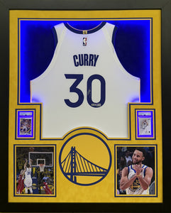 Golden State Warriors Stephen Curry Hand Signed Autographed Authentic White Jersey Framed & Double Suede Matted with LED Lights with Beckett COA