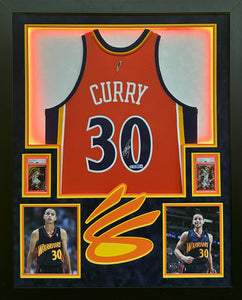 Golden State Warriors Stephen Curry Hand Signed Autographed Authentic Orange Authentic Jersey Framed & Suede Matted with LED Lights with Beckett Coa