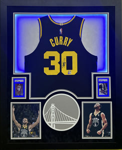 Golden State Warriors Stephen Curry Hand Signed Autographed Authentic Blue Jersey Framed & Double Suede Matted with Beckett COA