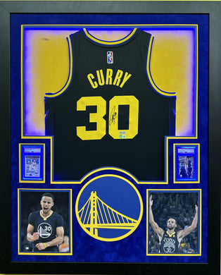 Golden State Warriors Stephen Curry Hand Signed Autographed Authentic Blue Jersey Framed & Double Suede Matted with LED Lights with Beckett COA