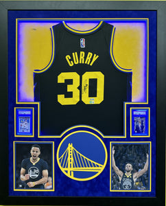 Golden State Warriors Stephen Curry Hand Signed Autographed Authentic Blue Jersey Framed & Double Suede Matted with LED Lights with Beckett COA