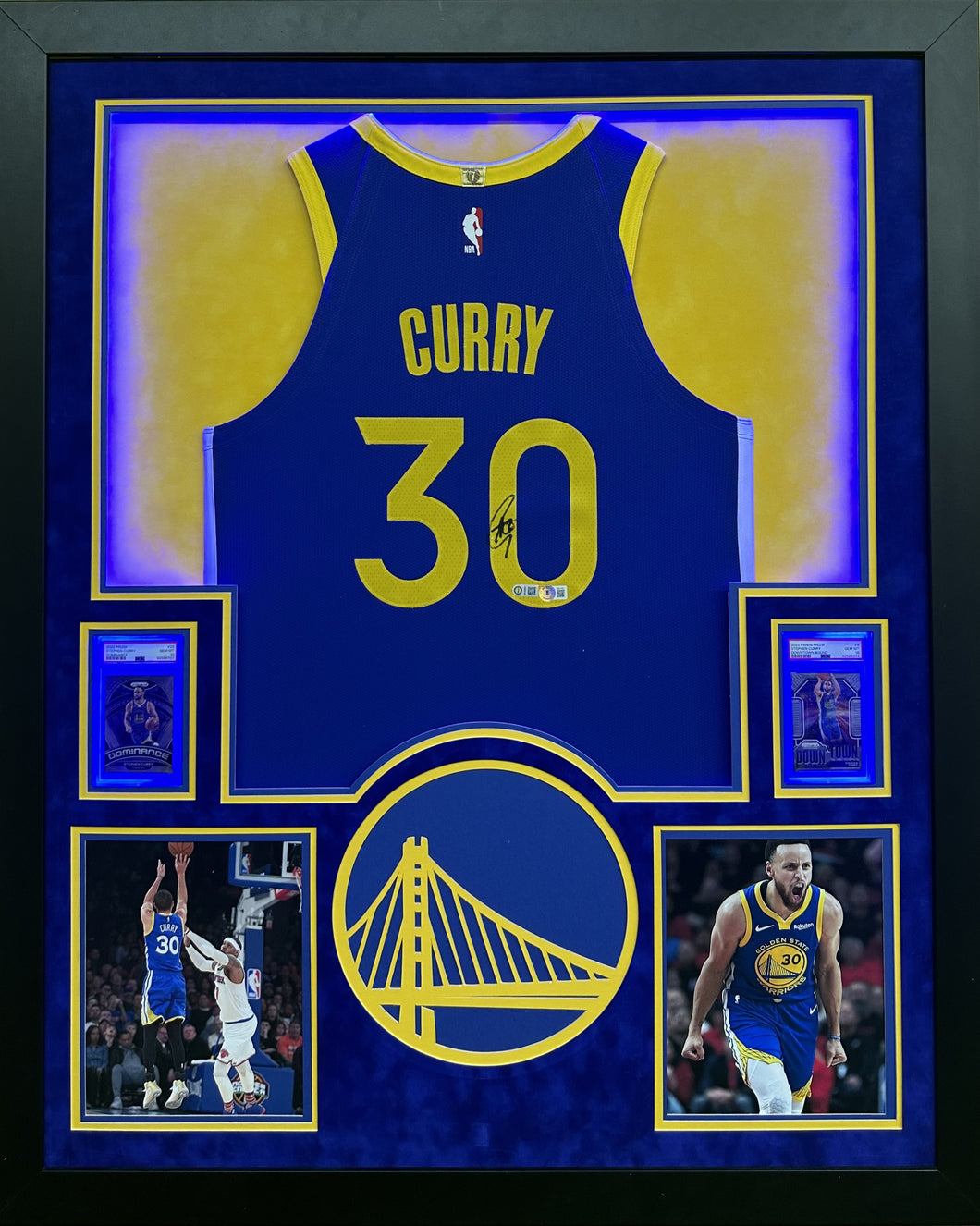 Golden State Warriors Stephen Curry Hand Signed Autographed Authentic Blue Jersey Framed & Double Suede Matted with LED Lights with Beckett COA