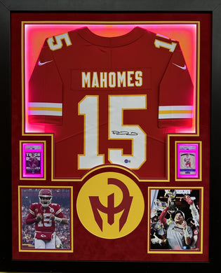 Kansas City Chiefs Patrick Mahomes Hand Signed Autographed Custom Red Jersey Framed & Double Suede Matted with LED Lights with Beckett COA