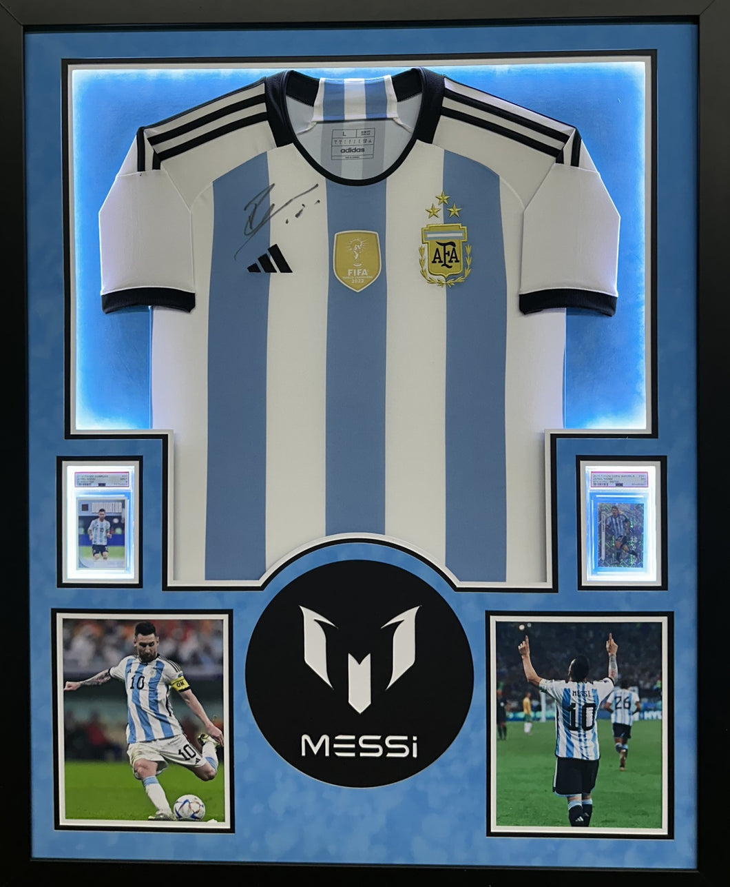 Argentina International Federation of Association Football Team Lionel Messi Hand Signed Autographed Striped Jersey Framed & Double Suede Matted with LED Lights