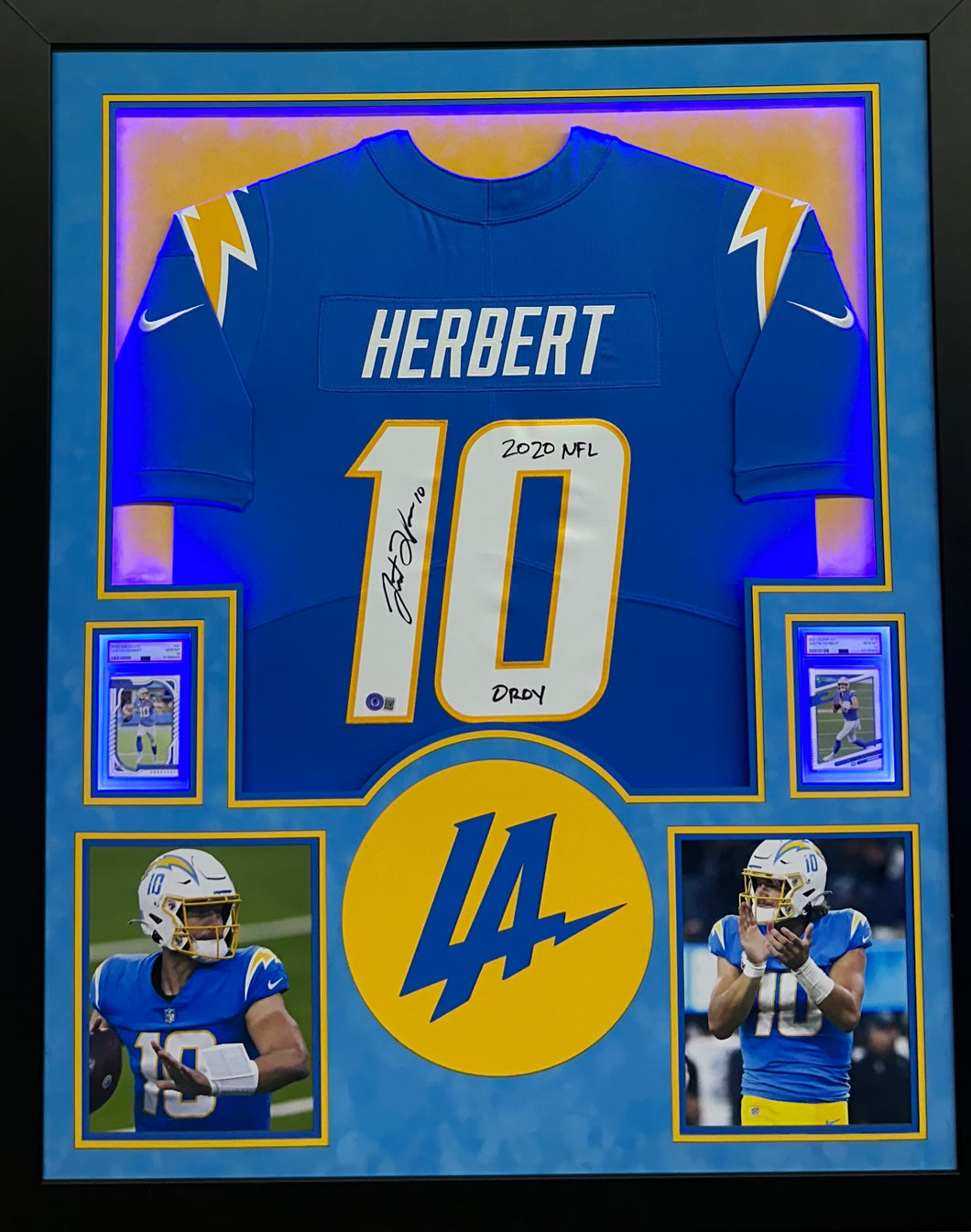 Los Angeles Chargers Justin Herbert Hand Signed Autographed Authentic Blue Jersey with 2020 NFL Inscription Framed & Suede Matted with Beckett COA