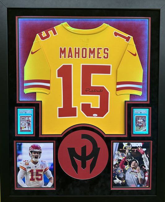 Kansas City Chiefs Patrick Mahomes Hand Signed Autographed Nike Yellow Jersey Framed & Double Suede Matted with LED Lights with JSA COA