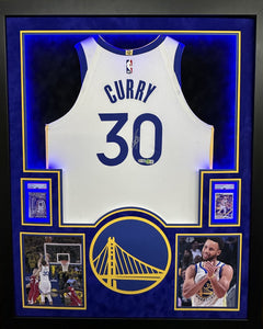 Golden State Warriors Stephen Curry Hand Signed Autographed Authentic White Jersey Framed & Double Suede Matted with LED Lights with Beckett COA