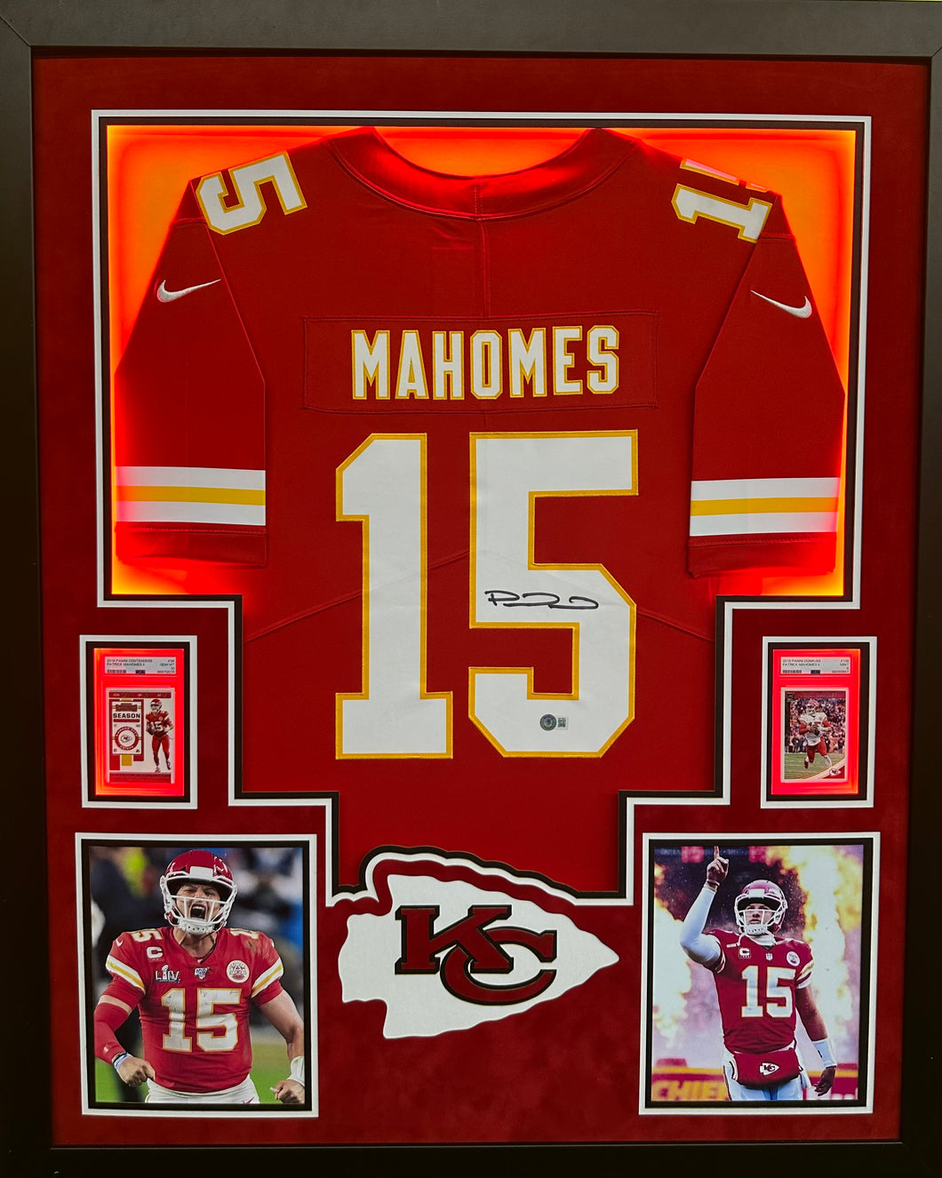 Kansas City Chiefs Patrick Mahomes Hand Signed Autographed Custom Red Jersey Framed & Double Suede Matted with LED Lights with Beckett COA