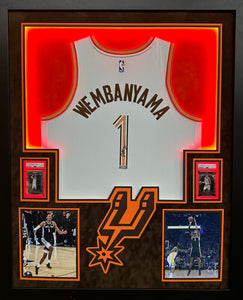 San Antonio Spurs Victor "Wemby"  Wembanyama Hand Signed Autographed Custom White Jersey Framed & Double Suede Matted with LED Lights with Fanatics COA