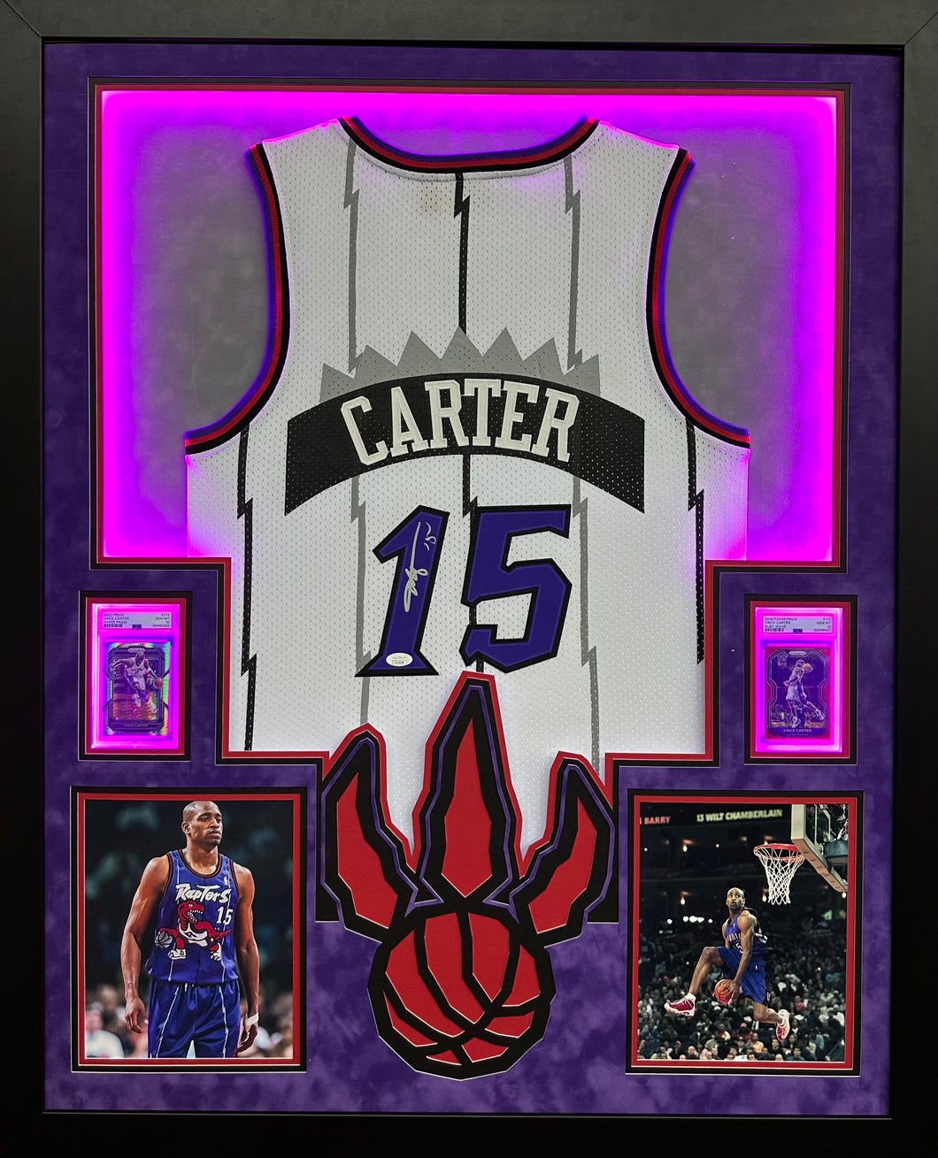 Toronto Raptors Vince Carter Hand Signed Autographed Custom White Striped Jersey Framed & Double Suede Matted with LED Lights with JSA COS