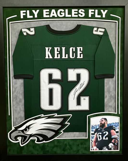 Philadelphia Eagles Jason Kelce Hand Signed Autographed Custom Green Jersey Framed & Double Suede Matted with "Fly Eagles Fly" Cut out with PSA COA