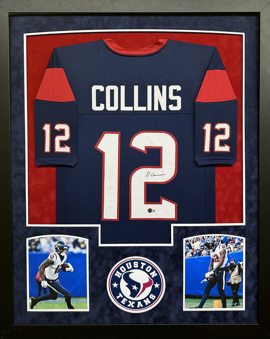 Houston Texans Nico Collins Hand Signed Autographed Custom Blue Jersey Framed & Double Suede Matted with Beckett COA