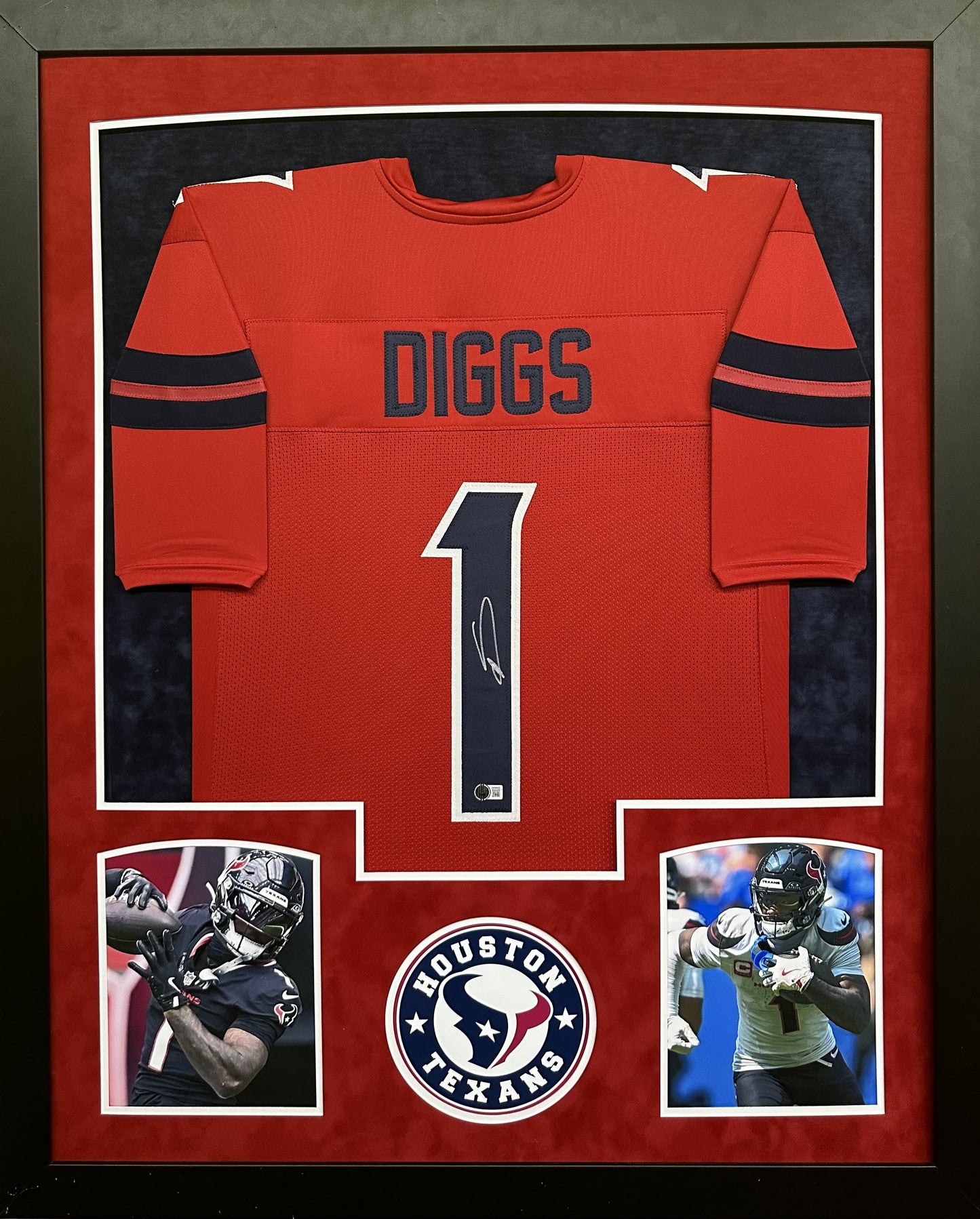 Houston Texans Stefon Diggs Hand Signed Autographed Custom Red Jersey Framed with Suede Matting Includes Beckett COA