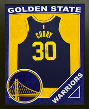 Load image into Gallery viewer, Golden State Warriors Stephen Curry Hand Signed Autographed Authentic Nike Blue Jersey Framed &amp; Suede Matted, Team Name Cutout with COA