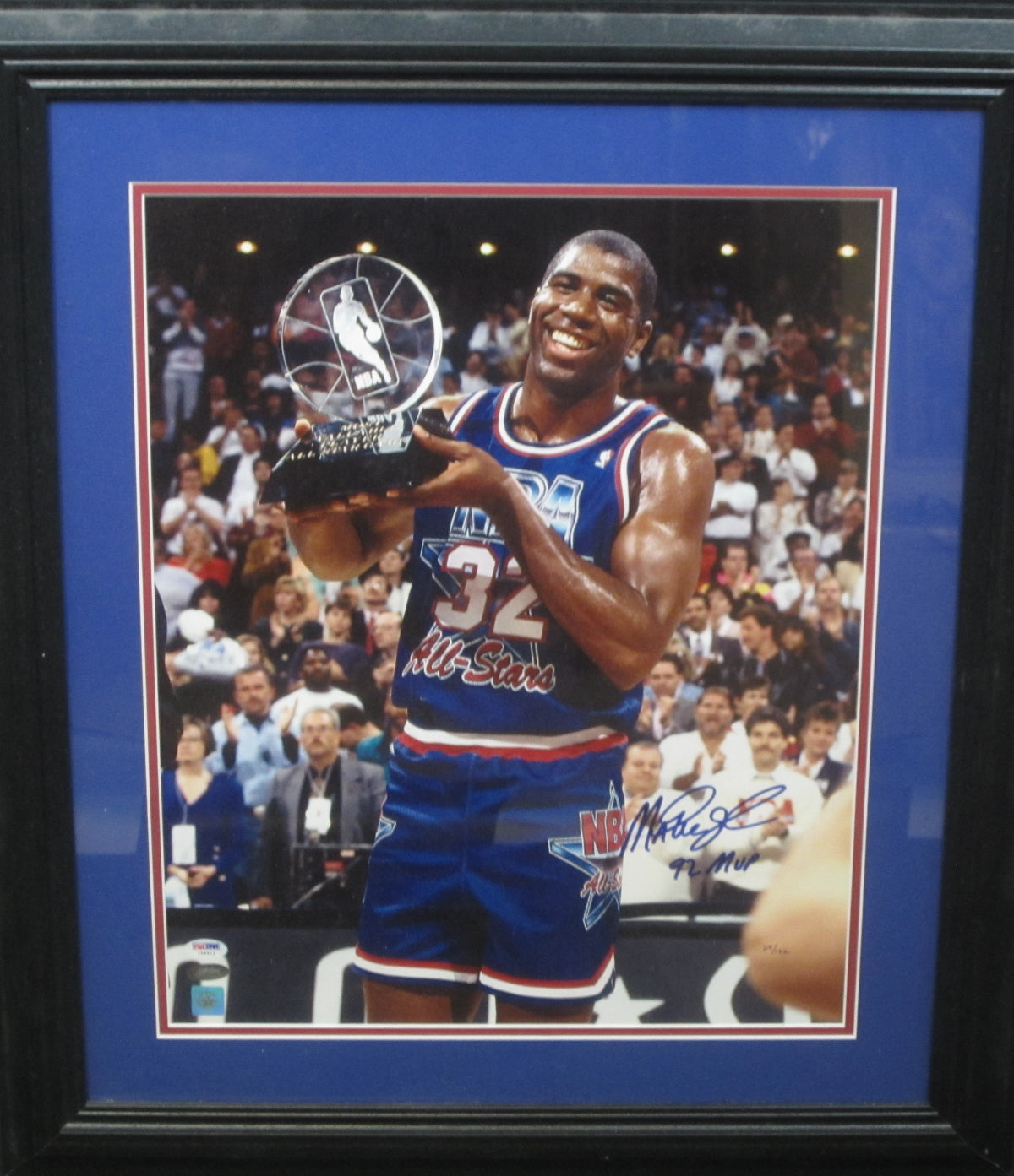NBA All-Star Magic Johnson Hand Signed Autographed 16x20 Photo with 92 MVP Inscription Custom Framed & Matted with PSA COA
