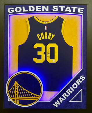 Golden State Warriors Stephen Curry Hand Signed Autographed Authentic Navy Jersey Framed & Double Suede Matted, XL 3D Logo with LED Lights and Team Name Cutout with JSA COA