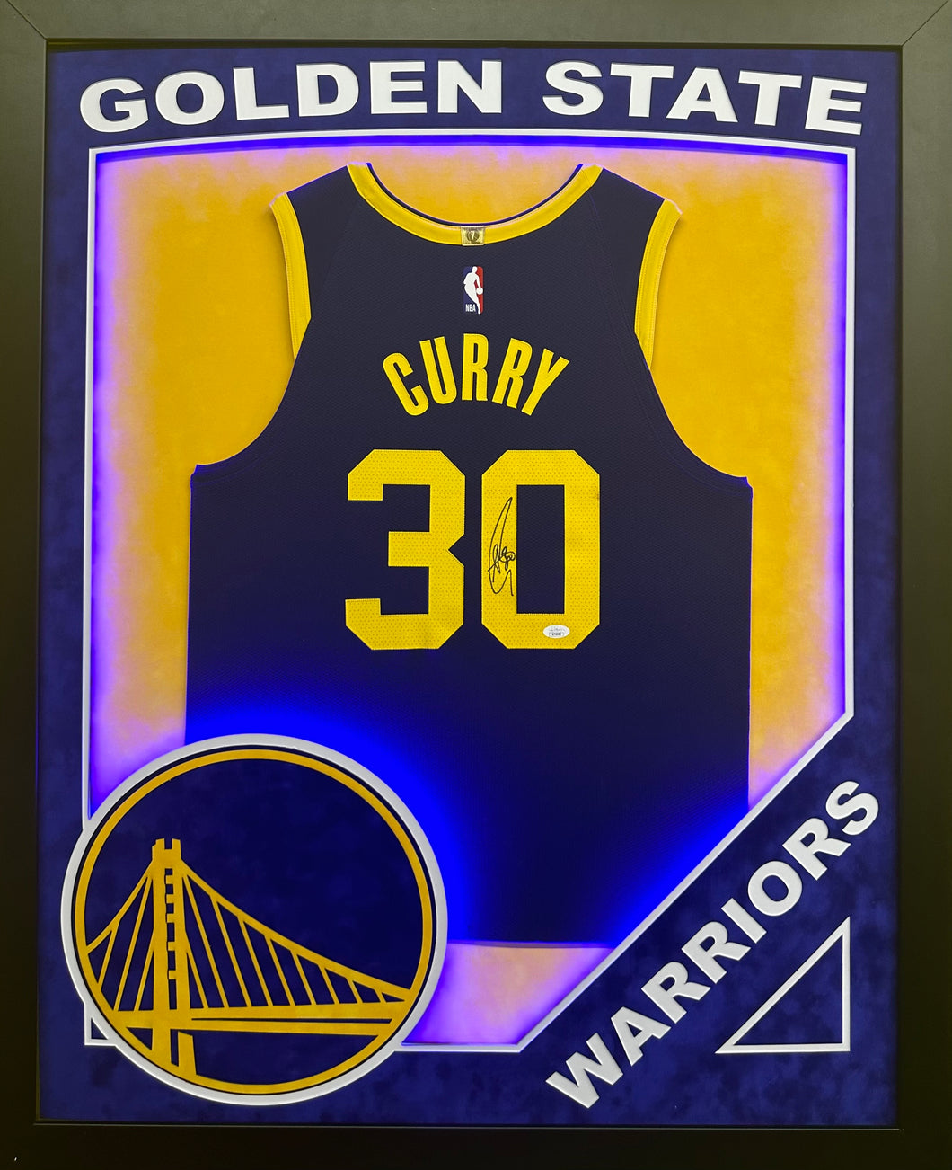 Golden State Warriors Stephen Curry Hand Signed Autographed Authentic Navy Jersey Framed & Double Suede Matted, XL 3D Logo with LED Lights and Team Name Cutout with JSA COA