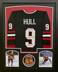 Chicago Blackhawks Bobby Hull Hand Signed Autographed Custom Black Jersey with 2 Inscription's "HOF 1983", "The Golden Jet" Framed & Matted with JSA COA