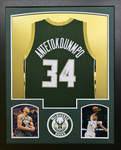 Milwaukee Bucks Giannis Antetokounmpo Hand Signed Autographed Custom Green Jersey Framed & Matted with JSA COA