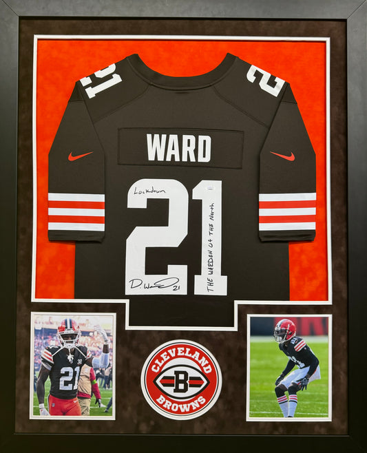 Cleveland Browns Denzel Ward Hand Signed Autographed Nike Authentic Brown Jersey with 2 Inscriptions "Lockdown"& "The Warden of The North" Framed & Double Suede Matted with JSA COA