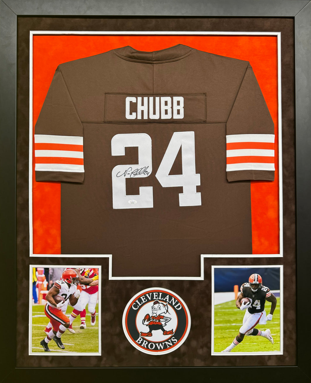 Cleveland Browns Nick Chubb Hand Signed Autographed Custom Brown Jersey Framed & Double Suede Matted with JSA COA