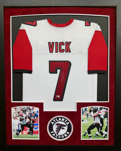 Atlanta Falcons Michael Vick Hand Signed Autographed Custom White Jersey Framed & Suede Matted with Beckett COA