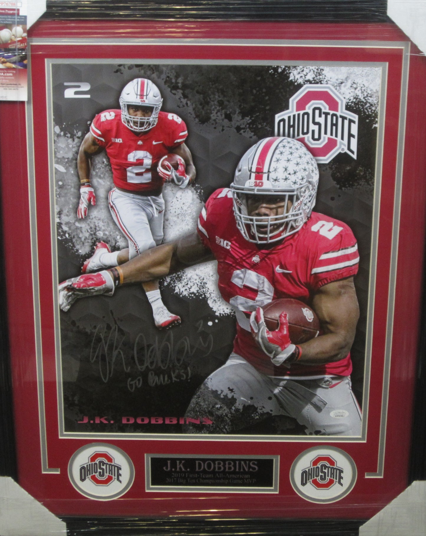 The Ohio State University Buckeyes J.K. Dobbins Signed 16x20 Collage Photo with Go Bucks! Inscription Custom Framed & Matted with JSA COA JK