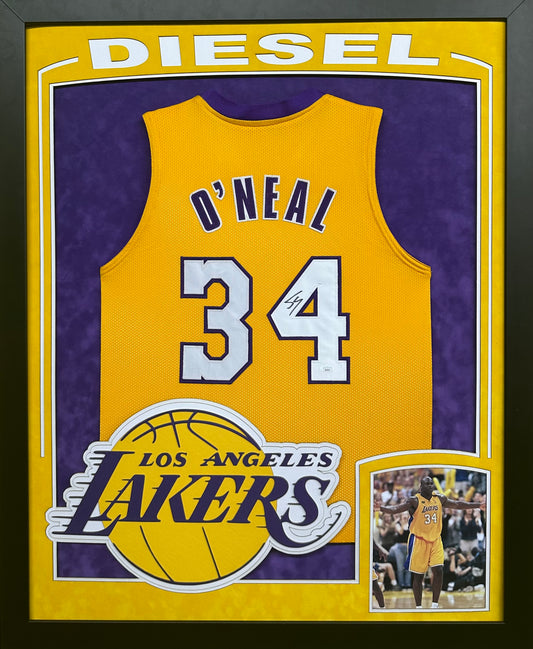 Los Angeles Lakers Shaquille O'Neal Hand Signed Autographed Custom Gold Jersey Framed & Double Suede Matted with XL 3D Team Logo, "Diesel" Cut Out JSA COA