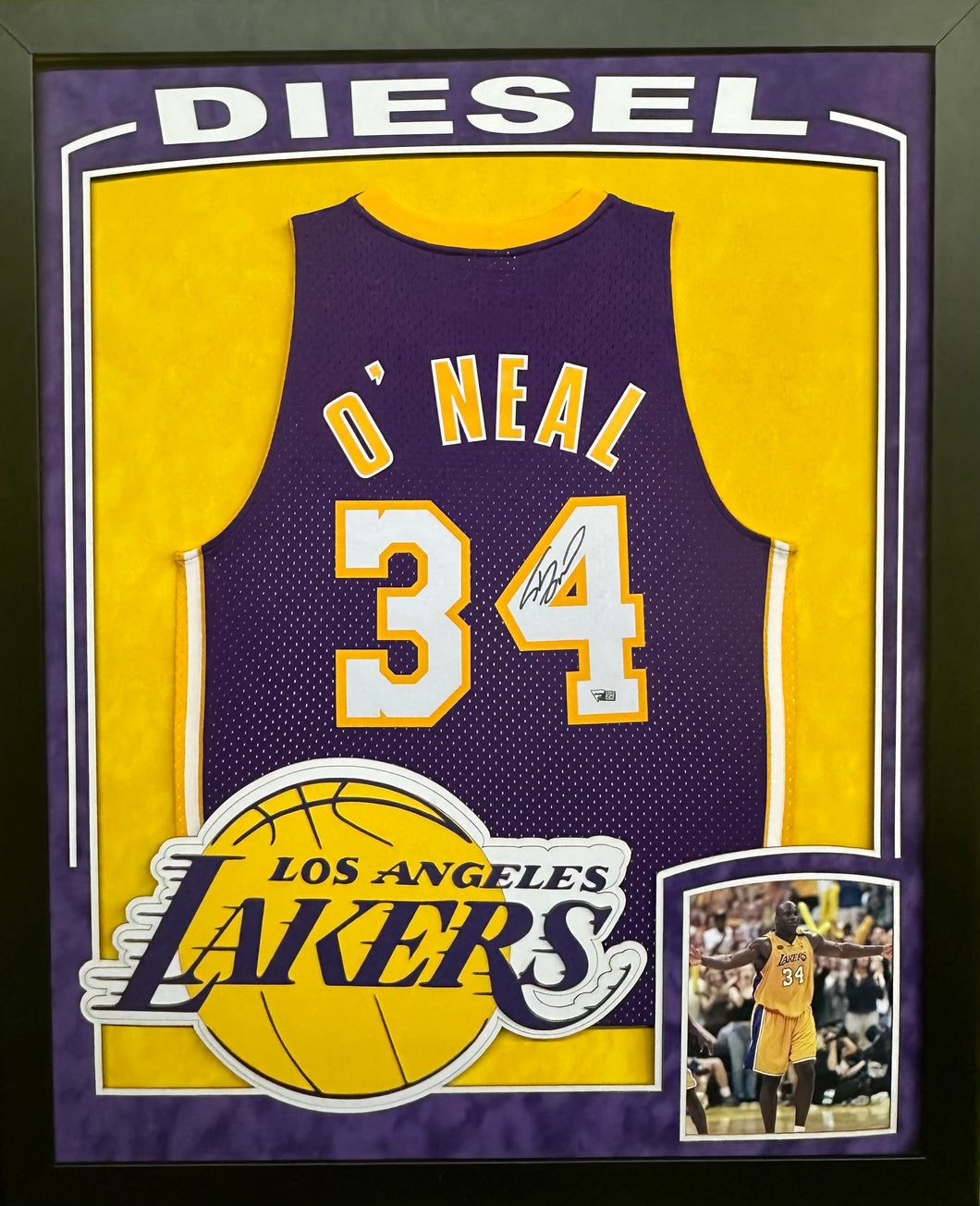 Los Angeles Lakers Shaquille O'Neal Hand Signed Autographed Authentic Purple Jersey Framed & Double Suede Matted with XL 3D Team Logo, 