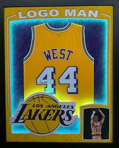 Los Angeles Lakers Jerry West Hand Signed Autographed Custom Gold Jersey Framed & Double Suede Matted with LED Lights XL 3D Team Logo, "Logo Man" Cut Out JSA COA