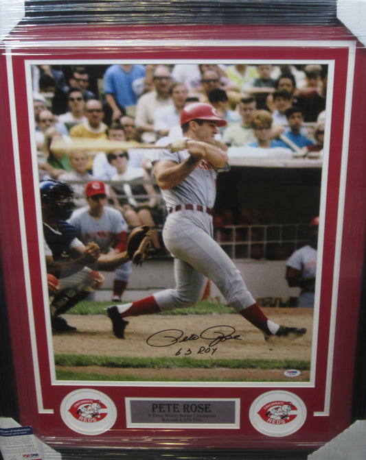 Cincinnati Reds Pete Rose Hand Signed Autographed 16x20 Photo with 63 ROY Inscription Custom Framed & Matted with PSA COA