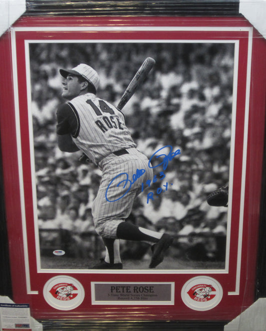 Cincinnati Reds Pete Rose Hand Signed Autographed 16x20 Photo with 1963 R.O.Y. Inscription Custom Framed & Matted with PSA COA