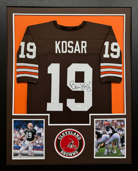 Cleveland Browns Bernie Kosar Hand Signed Autographed Custom Brown Jersey Framed & Double Suede Matted with JSA COA
