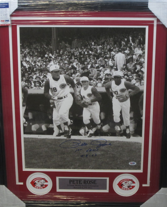Cincinnati Reds Pete Rose Hand Signed Autographed 16x20 Photo with 1st Game 4-8-63 Inscription Custom Framed & Matted with PSA COA