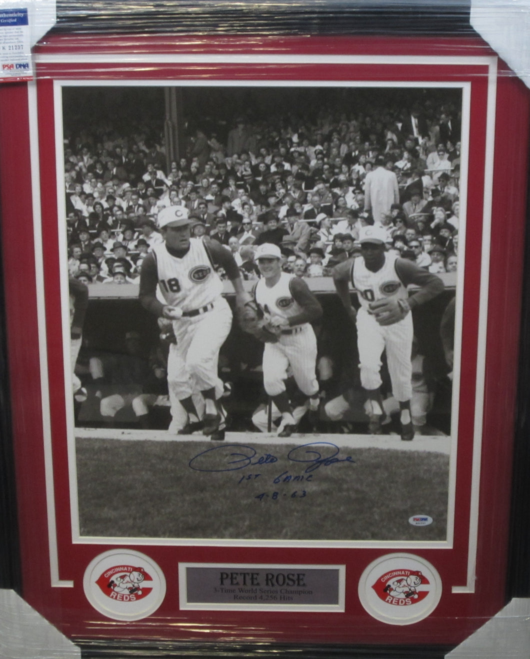 Cincinnati Reds Pete Rose Running out of Dugout SIGNED Framed 16x20 Photo with 1st Game 4-8-63 Inscription & PSA COA