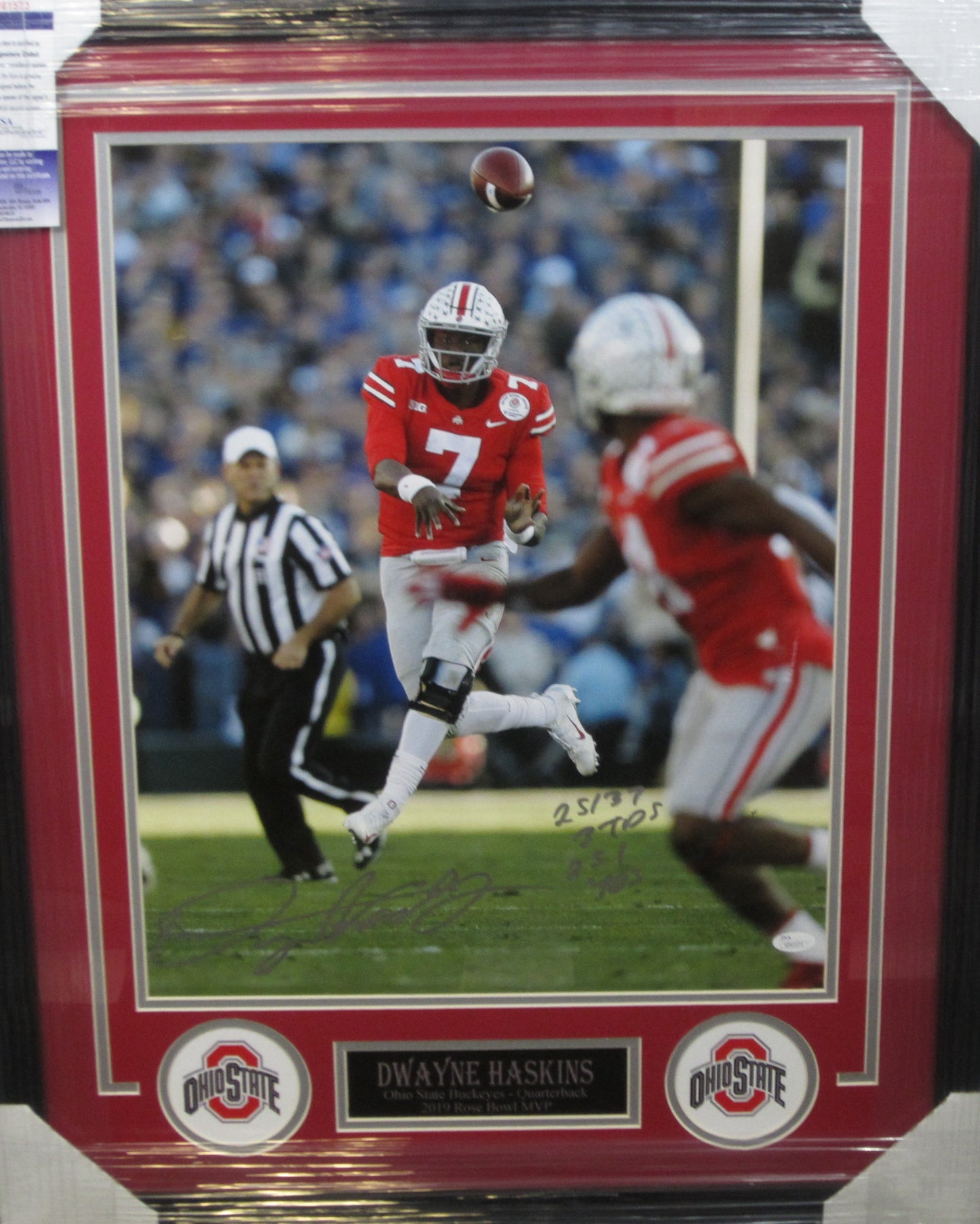 The Ohio State University Buckeyes Dwayne Haskins Hand Signed Autographed 16x20 Photo with 25/37, 3 TDS, & 251 YDS Inscriptions Custom Framed & Matted with JSA COA