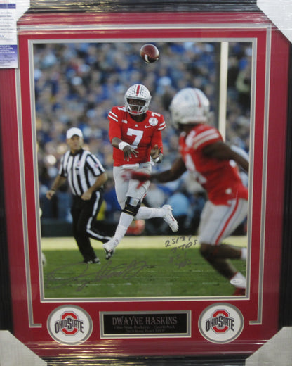 The Ohio State University Buckeyes Dwayne Haskins Hand Signed Autographed 16x20 Photo with 25/37, 3 TDS, & 251 YDS Inscriptions Custom Framed & Matted with JSA COA