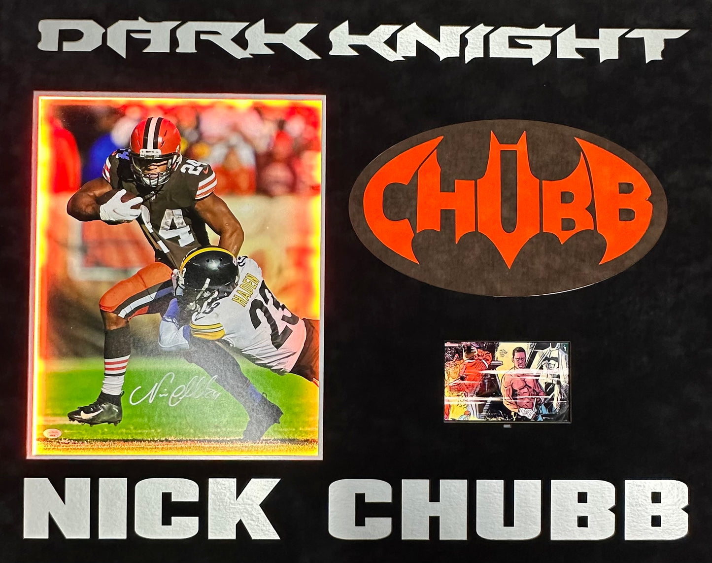 Cleveland Browns Nick Chubb Hand Signed Autographed Horizontal Photo Custom Framed & Double Suede Matted with XL 3D Chubb Bat Logo with "Dark Knight" & Nick Chubb" Custom Cut Outs with LED Lights and Nick Chubb Highlights JSA COA