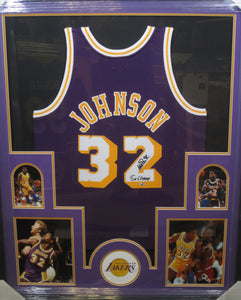 Los Angeles Lakers Magic Johnson Signed Jersey with 5x Champ Inscription Framed & Matted with FANATICS Authentic COA