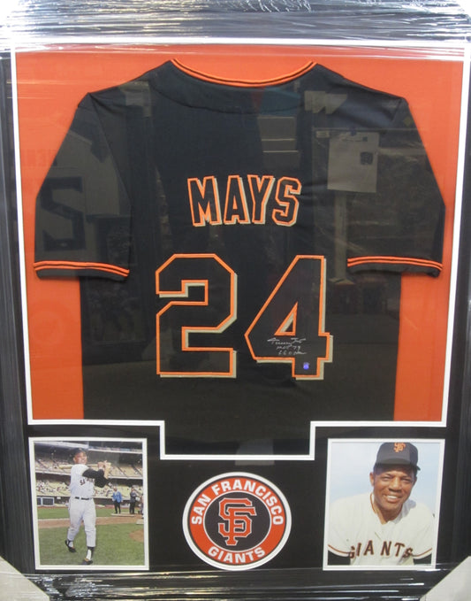 San Francisco Giants Willie Mays Hand Signed Autographed Custom Black Jersey with HOF 79 & 660 HR Inscriptions Framed & Matted with COA