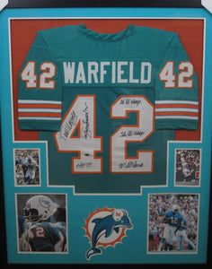 Miami Dolphins Paul Warfield Signed Jersey with Perfect Season "17-0", HOF '83, Super Bowl VII, Super Bowl VIII, & 70's All Decade Inscriptions Framed & Matted with CAS COA